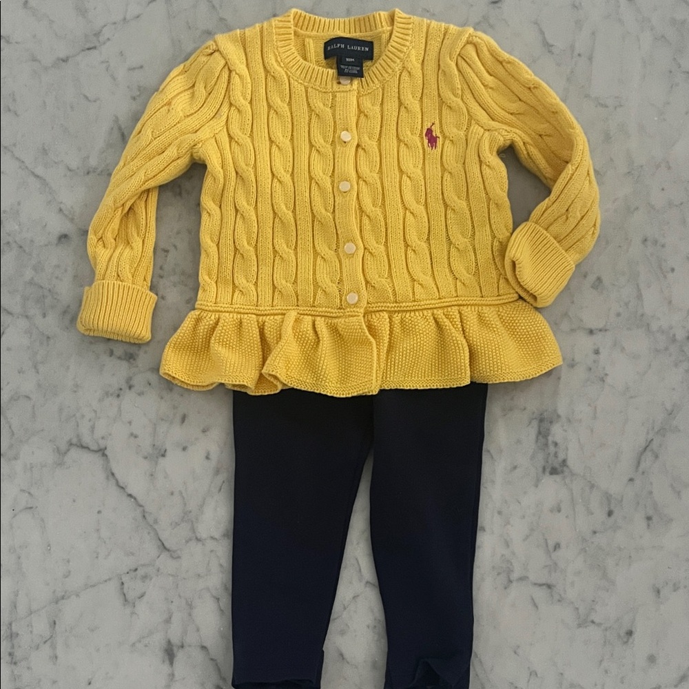 Ralph Lauren Yellow Cable Knit Sweater with Ruffle Hem and Matching pants set